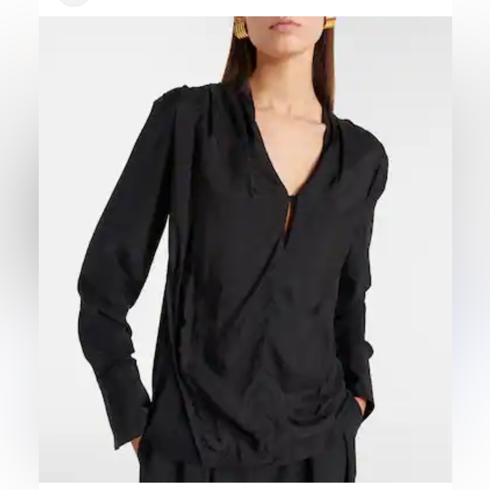Silk Black Long Sleeve Blouse Minimal V Neck Draped Hem Classic Quiet Luxury